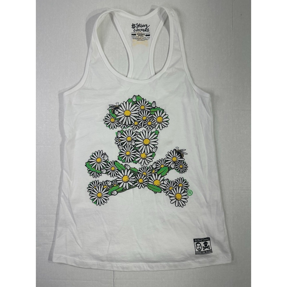 Johnny Cupcakes Women's Small White Daisy Skull Tank Top 2021‎ Graphic Racerback